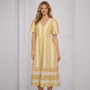 F&F Yellow Boho Midi Dress Size 8 Puff Sleeve
